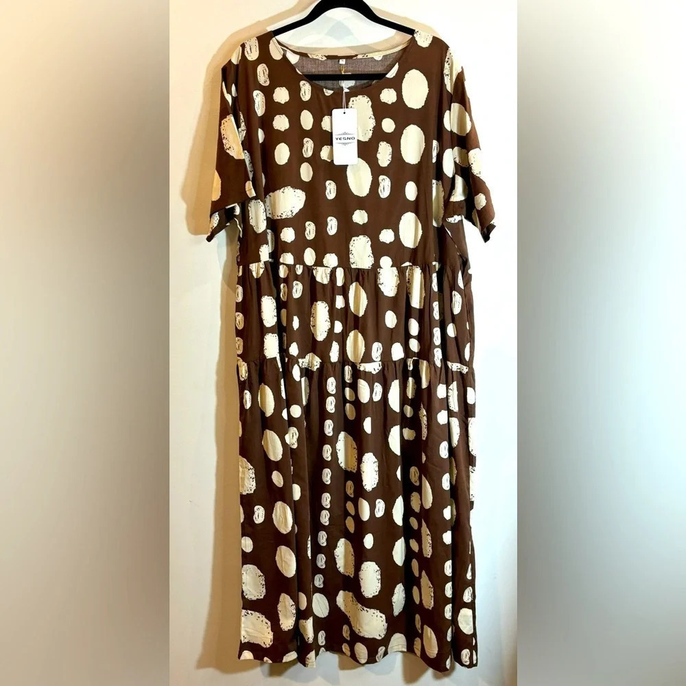 YESNO Sz 3XL 100% Cotton Tiered Ruffle Skirt Short Sleeves Maxi Dress NEW